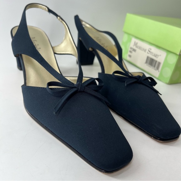 Madeline Shoes - Y2K Madeline Bow Square Toe Sling Back Heels 8.5 navy Fabric Chunky Heel